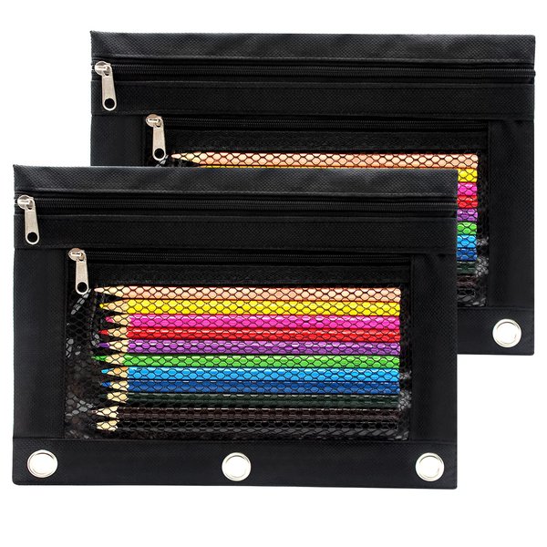 Cinvo Pencil Pouch 3 Ring Binder Pouch Zippered Pencil Case Canvas Pencil Bag with 2 Compartments (Set of 2, Black)