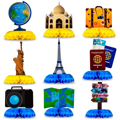 9PCS Travel Themed Party Decorations Honeycomb Centerpieces Adventure Party Decorations Around th...