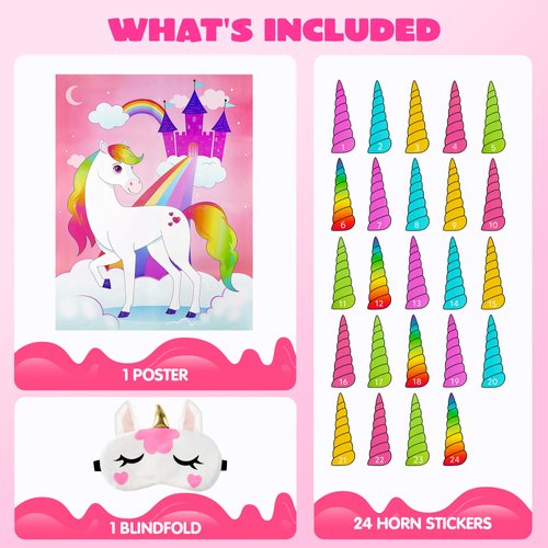 JOYIN Pin The Unicorn Horn Game -21'' x 28'' Unicorn Themed Party Games with 24 PCs Horn Stickers Party Supplies Kids Birthday Party Decoration