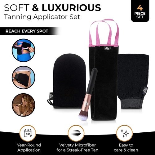 Bronze Tan Self Tanner Accessory Kit - Includes Self Tanning Mitt, Tan Remover Exfoliating Mitt, Easy-Reach Back Applicator, Tanning Brush Applicator for Face & Hands - Sunless Tanning Application