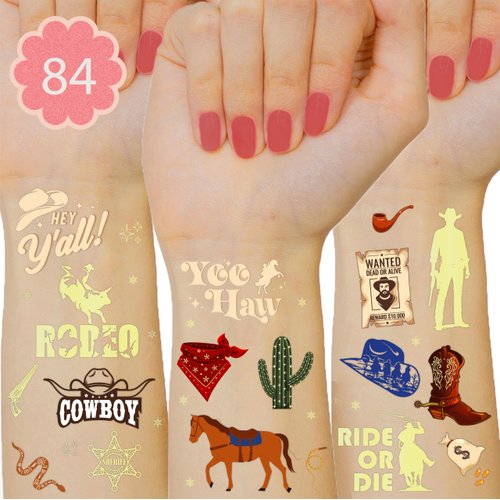 Premium Cowboy Temporary Tattoos - 84+ Unique Designs - Rodeo Cowboy Cowgirls Birthday Party Favors, Western Baby Shower Decoration - Gifts for Kids & Adults
