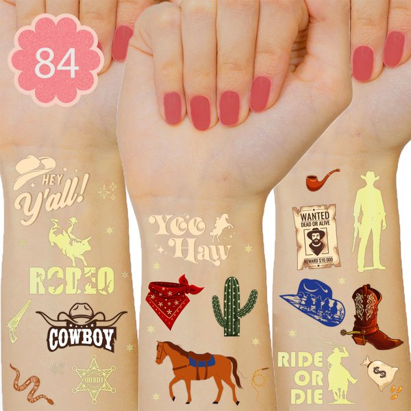 Premium Cowboy Temporary Tattoos - 84+ Unique Designs - Rodeo Cowboy Cowgirls Birthday Party Favors, Western Baby Shower Decoration - Gifts for Kids & Adults