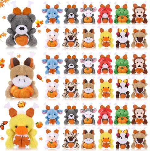 Blueweenly 36 Pcs Mini Thanksgiving Stuffed Animal Bulk Tiny Stuffed Bear Keychain Thanksgiving Plush Toy with Pumpkin Maple Leaf Mini Stuffed Animals for Thanksgiving Parties Classroom Exchange Gift