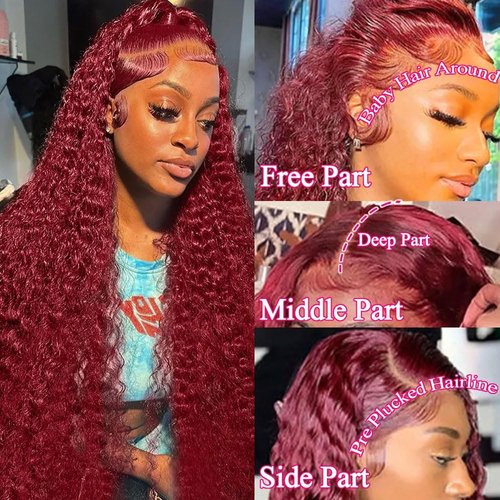 24 Inch Burgundy Lace Front Wigs Human Hair Wigs for Black Women 99J Deep Wave Wigs Glueless Wet and Wavy Red Colored Curly Human Hair Wig Pre Plucked 13x4 Transparent Lace Frontal Wigs 180% Density