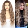 BLUPLE Blonde Lace Front Wigs Ombre Brown Roots T-Lace Part Ash Blonde Long Curly Hair Wigs with Middle Part Synthetic Hair Replacement Full Wigs for Women Daily Wear (Ombre Brown, 22Inch)