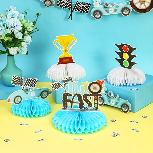 JOYMEMO 8 Pieces Two Fast Honeycomb Centerpieces - Race Car 2nd Birthday Party Decorations for Boys, Let's Go Racing Checkered Flag 2 Years Old Party Supplies Blue Double-Sided Cars Table Decor