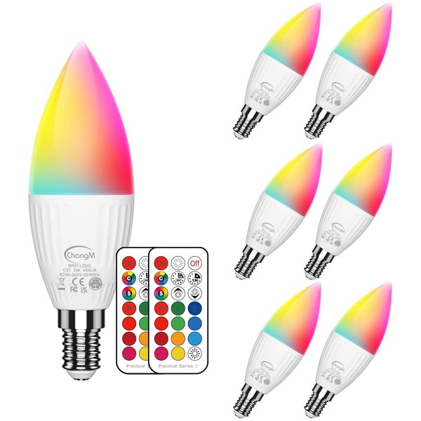 E12 LED Light Bulbs 5W, 40W Equivalent, Small Base B11 Candelabra Light Bulbs, Set of 6 LED Color Changing Light Bulbs, Dimmable Color Candle Bulb with Remote Control RGB Warm White 2700K