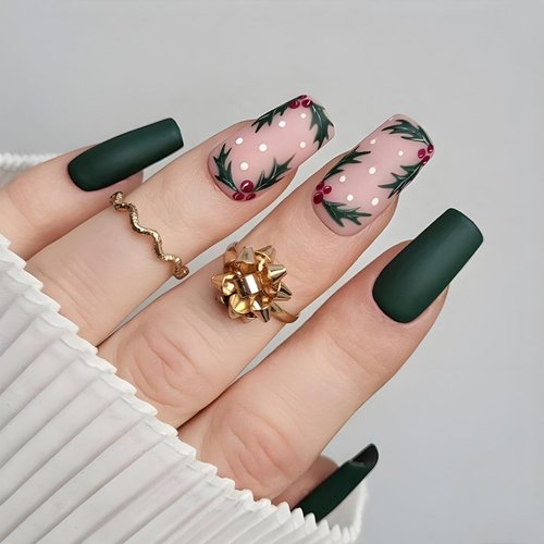Green Holly Press on Nails Christmas Fake Nails Medium Square Glue on Nails Dark Green Glue on Nails Glossy Reusable Winter Xmas False Nails for Women Girls Holiday Manicure 24pcs