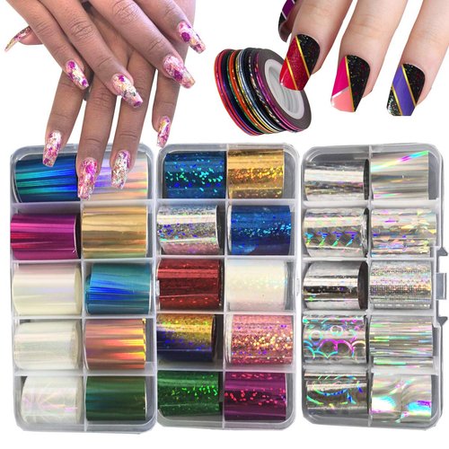 AddFavor 30 Roll Holographic Transfer Nail Foil Sticker Silver Laser Nail Decals 10 Roll Nails St...