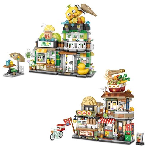 LOZ Mini Blocks 2 in 1 Food Street Building Block Set, Contains Lemon Tea Shop/Snail Noodle Shop 1666 PCS MOC Mini Street View Building Blocks Set, Awesome Building Toys Gift for Kids and Adults