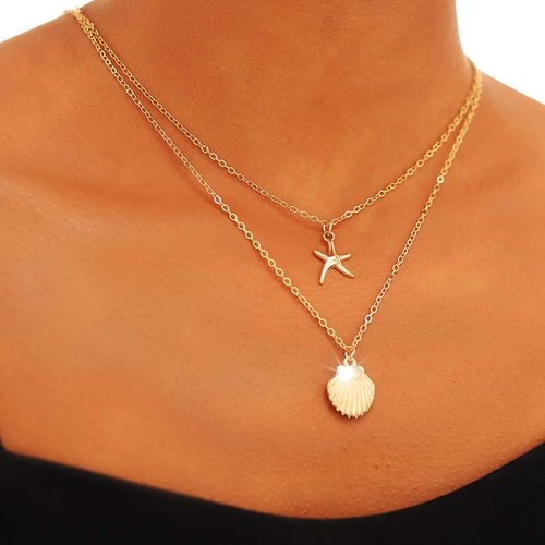 Yalice Layered Starfish Necklace Chain Boho Shell Pendant Necklaces Beach Surfer Costume Jewelry for Women