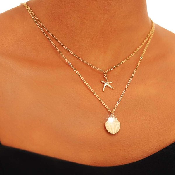 Yalice Layered Starfish Necklace Chain Boho Shell Pendant Necklaces Beach Surfer Costume Jewelry for Women