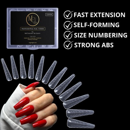 MGART Dual Nail Forms COFFIN Extension Structure Poly nail gel Nail Forms Full Cover Nail Molds 12 Sizes for Solid Nail Gel Glue Nail Art Design Salon&DIY