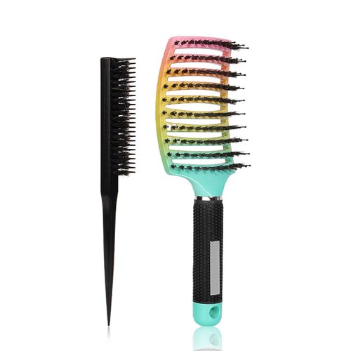 Boar Bristle Detangling Brush 2 Pack, Wet & Dry No Pull Curved Vented Hair Brush and Teasing Brush, Suitable for Men, Women & Kids Can Adds Shine & Smooth Curly Thick Hair (Colorful)