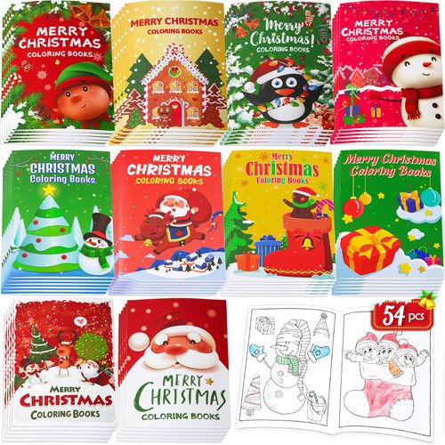90shine 54Pcs Christmas Christmas Coloring Books for Kids Bulk - Xmas Stockings Goodie Bags Stuffers Winter Party Favors Gifts Holiday Class Activity Supplies