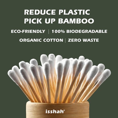 Bamboo Cotton Swabs - 500 Count - Vegan Cotton Swabs, Eco Friendly Double Tips, Plastic Free Ear Sticks, All Natural 100% Biodegradable Organic Cotton buds by Isshah