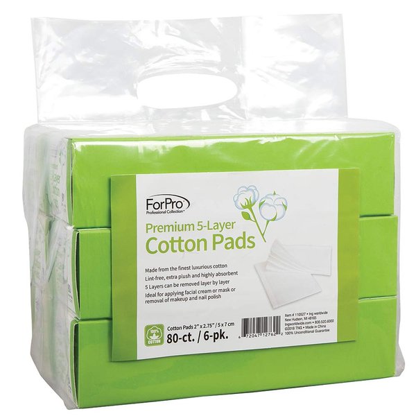 ForPro Professional Collection Premium 5-Layer 100% Cotton Pads for Cosmetic Application and Product Removal, 2" x 2.75", White, 80-Count (Pack of 6)
