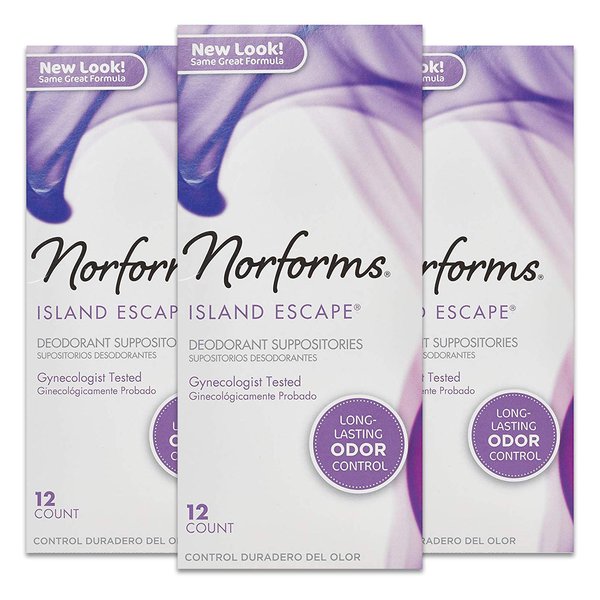 Norforms Feminine Deodorant Suppositories, Long Lasting Odor Control, Island Escape Scent, 12 Count (Pack of 3)