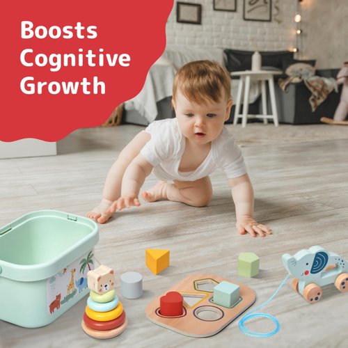 PREXTEX 3-in-1 Wooden Sorting and Stacking Toys - Includes 3D Shapes Sorting Box, 5 Stacking Rings with Bear, Elephant with Wheels - Develops Motor Skills - Ages 18 Months up