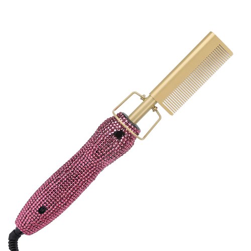 Natudeco Hair Straightener Brush Electric Hot Comb Pressing Comb Stylish Rhinestones Fast Heating Straightener Comb for Hair Styling Rose Red(220V US)