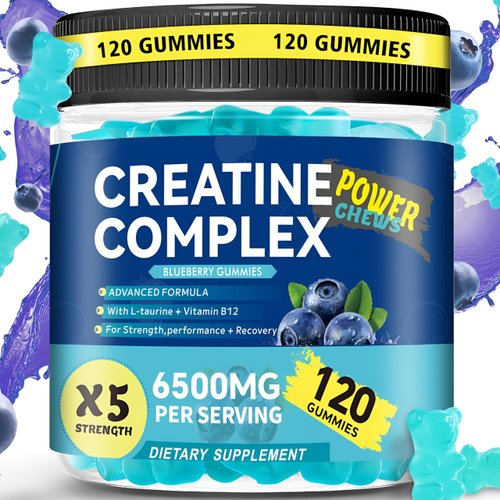 Creatine Monohydrate Gummies 6500mg per Serving for Men & Women - 120 Gummies X5 Strength Sugar Free Chewable Creatine for Muscle Builder, Muscle Strength, Pre-Workout Supplement (Blueberry)