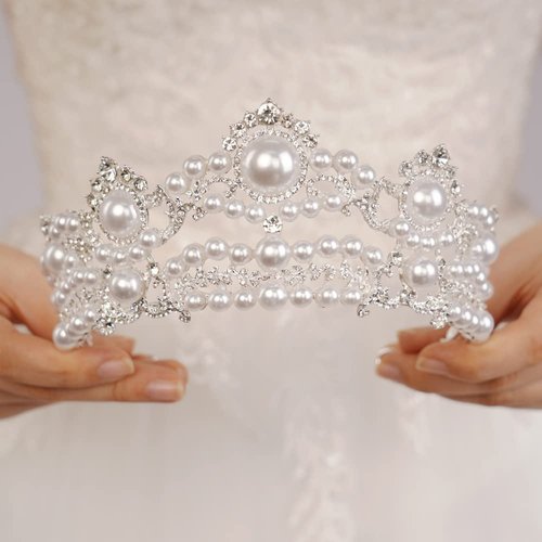 JWICOS Wedding Tiara for Bride Pearl Tiaras and Crowns for Women Rhinestone Birthday Crown for Girls Pearl Hair Accessories for Christmas Halloween Pageant Prom