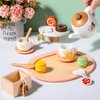 OMYBaby Wooden Tea Set for Little Girls, 19pcs Tea Party Playset with Teapot, Tea Cups, Dessert Stand, Macaroons, Cakes & Tray, Tea Time Playset Pretend Play Kitchen Toys Gift for Girls & Toddlers 3Y+