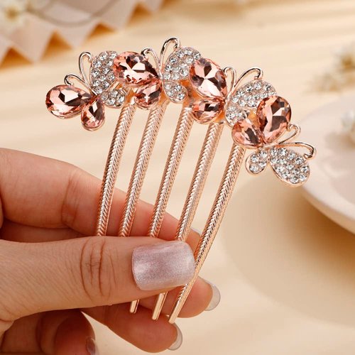 Missgrace Boho Party Blue Bride Wedding Prom Sparkling Butterfly Side Hair Comb Crystal Rhinestones Flower Hair Comb Clips Bridal Hair Accessories Hair Piece for Women (Champagne)