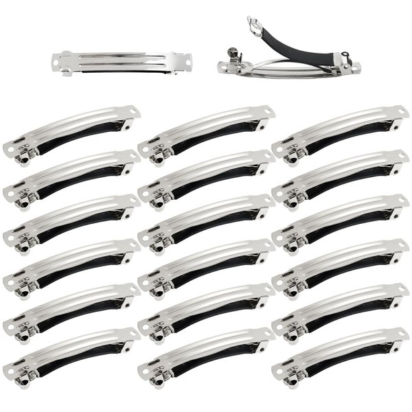 Cinaci 20 Pack 6cm/2.4" Simple Plain Blank DIY Caft Silver Metal French Hair Barrettes with Black Leather Cover Snap Hair Clips Clasps for Women Girls Teens Hair Accessories (2.4 Inch)