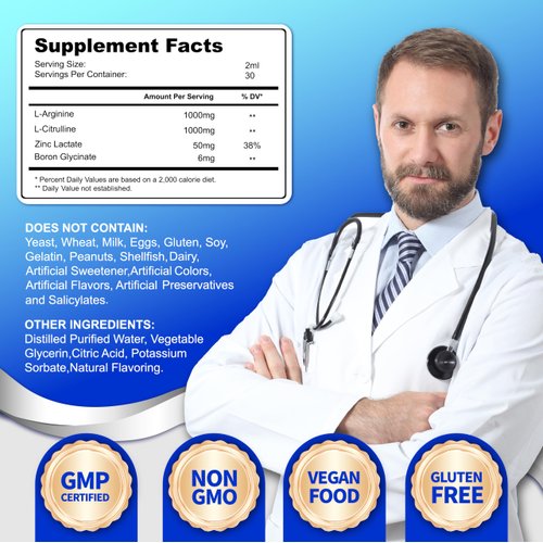 NIUTRLUXE Liquid L-Arginine 1000mg Drops with Liquid L-Citrulline 1000mg, Zinc, and Boron -High Potency Liquid L-Arginine Drops, Sublingual Liquid L-Arginine,Optimal Absorption, 60ml
