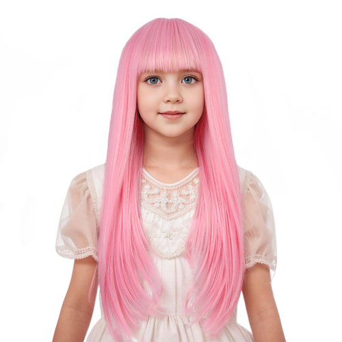 Edivd Girls Light Pink Wig Long Pastel Pink Wig with Air Bangs for Kids Long Pale Pink Straight W...