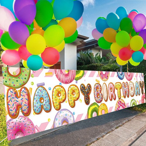 Toylin 36pcs Happy Birthday Decoration Banner for Girls,Donut Birthday Yard Banner With Colorful Latex Balloons for Birthday Anniversary Party Decorations Supplies Fence Yard Sign Photo Background