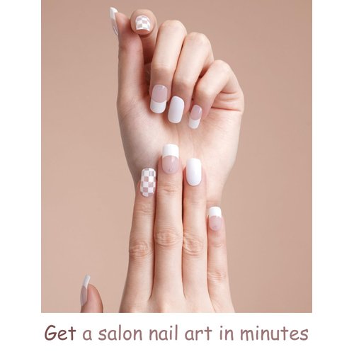 Wahrshei Semi Cured Gel Nail Strips | 20pcs French/White Plaid Semi Cured Gel Nails Sticker | Gel Nail Wraps UV for Home Nails DIY