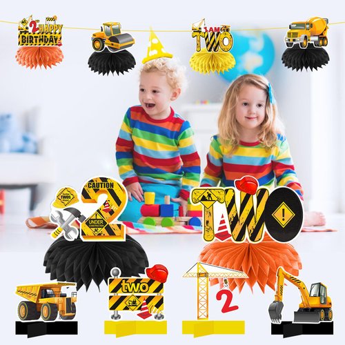 Kircirx 10Pcs Construction 2nd Birthday Party Decorations Honeycomb Centerpieces for Boys,Dump Truck Construction Theme 2 Year Old Table Centerpieces Party Supplies,Excavator 2nd Birthday Table Decor