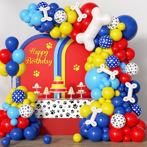 152pcs Paw Balloons Garland Arch Kit, Paw Print Balloons with Dog Bone Foil Balloons Royal Blue Yellow Red Balloons for Baby Shower Paw Themed Birthday Party Decorations