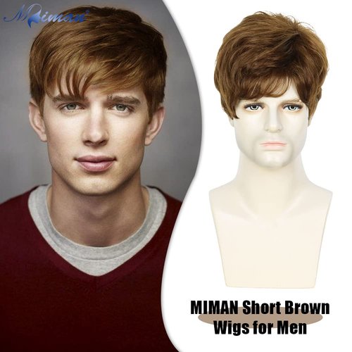 MIMAN Mens Short Brown Wigs for Men Short Straight Wig Layered Natural Synthetic Mens Wig Short Hair Replacement Wigs Realistic Male Halloween Costumes Party Cosplay Wigs with Wig Cap