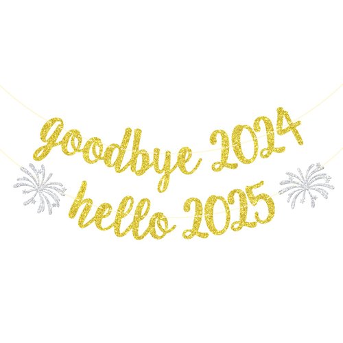 Goodbye 2024 Hello 2025 Banner, Happy New Year Banner, Welcome 2025, Happy 2025 New Years Sign, New Years Eve Party Decorations (Gold Glitter)