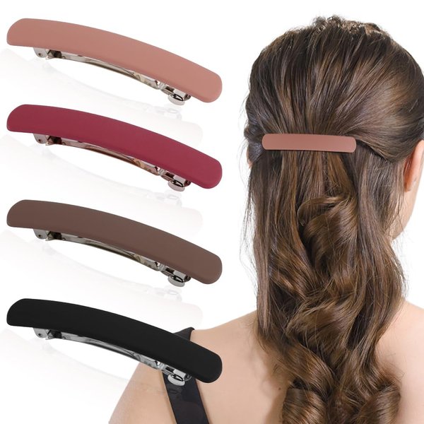 Ahoney 4Pcs Hair Barrettes for Women Hair Clips for Thin Hair 3.6'' Flat Hair Clip Hair Pins Banana Clips Hair French Styling Hair Accessories for Women Gifts (Black/Brown/Red/Pink)