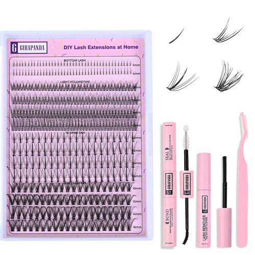 Girapanda Spike Lash Clusters Kit with Bottom Lashes, D Curl Individual Lashes with Lash Bond & Seal, Lash Remover, DIY Lash Extension Kit 7D Spike Fans, Volume Lashes, 20D Natural Lash Clusters Wispy