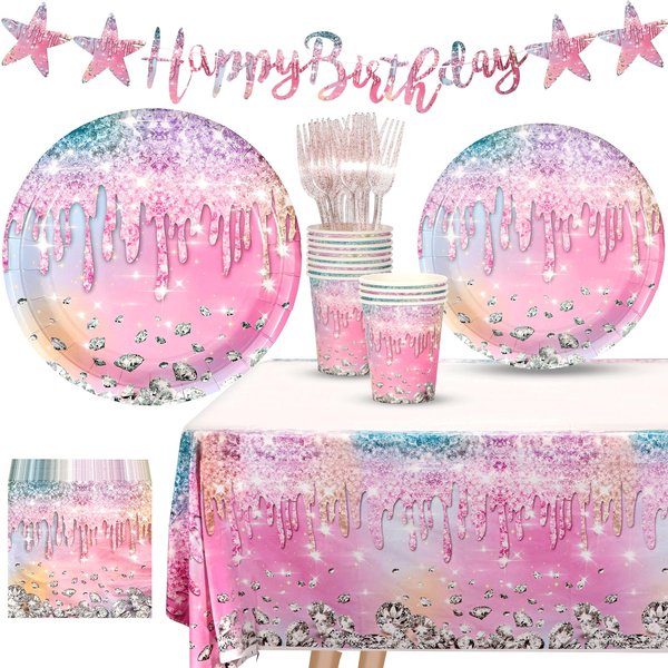 Iridescent Diamond Birthday Party Decorations, Disposable Plates, Napkin, Fork, Cup, Tablecloth, Banner for Iridescent Diamond Party Supplies Serves 24