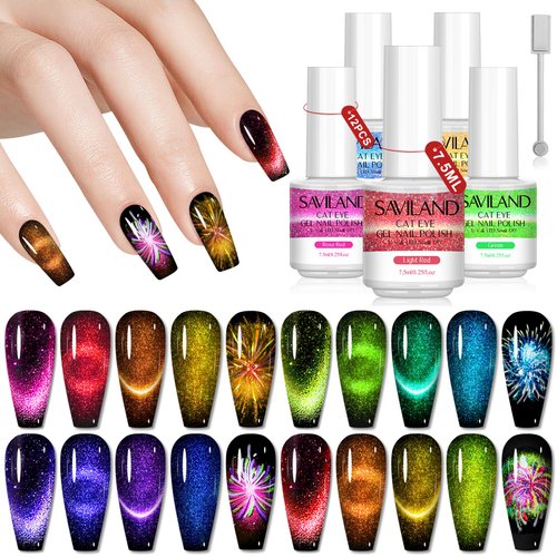 SAVILAND 12 Colors Crystal Cat Eye Gel Nail Polish Set Glitter Spring Summer Shiny Dreamy Series with Double-head Magnetic Stick Reflective Disco 2023 Manicure DIY Sparkle Nail Art Salon Home Gifts