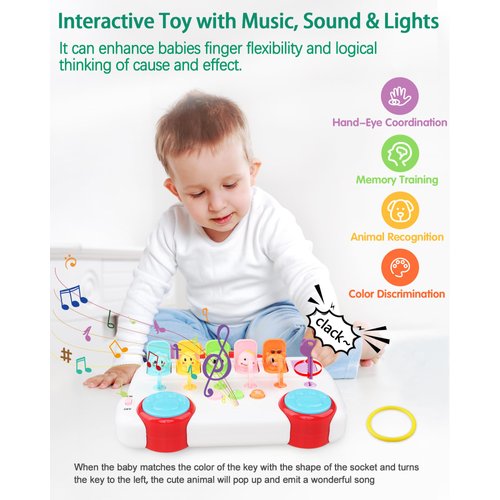 Interactive Pop Up Animal Toys, Cause and Effect Toys for 1 Year Old Boy Girl Birthday Gift, Baby Musical Toys with Music & Light for Toddlers, Early Educational Montessori Animal Learning Toys (Red)