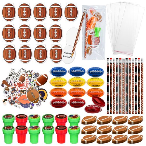 122 Pcs Football Party Favors Bulk,Football Goodie Bags Stuffers,Football Birthday Party Supplies Pencil Sharpener Erasers Sticky Note Stamps,Class Prize Game Team Pinata Treat Bags Gift