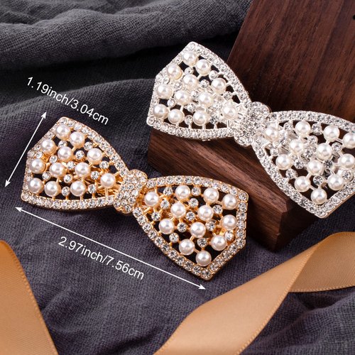 HINZIC 2PCS Wedding Pearl Diamond Bow Hair Clips Gold and Silver Pearl Bow Hair Barrettes Bridal Halloween Christmas Rave Wedding Hair Accessories Hair Gifts for Women Valentine
