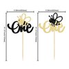 24Pcs Bumble Bee One Cupcake Toppers Glitter 1st Birthday Party Cupcake Picks Decorations for Bee Theme Baby Shower Kids First Birthday Party Supplies