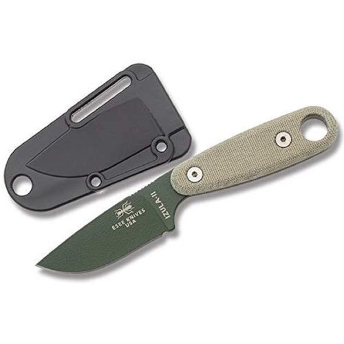 ESEE Knives Izula II Fixed Blade Knife w/Survival Kit, Sheath, Clip Plate, & Micarta Handle (Olive Drab Blade/Black Sheath/Survival Kit)