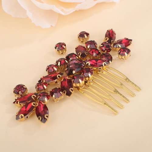 Teyglen Rhinestone Bride Wedding Hair Comb Red Crystal Bridal Hair Side Comb Hair Accessories Headpiece Wedding Hair Piece for Women (Wine red)