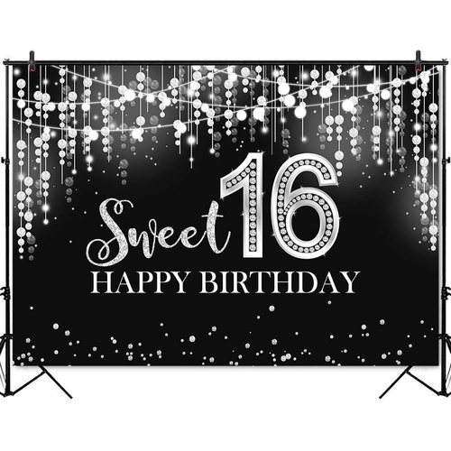 Mocsicka Sweet 16 Birthday Backdrop Glitter Silver Sweet Sixteen Background Girls 16th Birthday Party Cake Table Decoration Photo Booth Props (7x5ft)