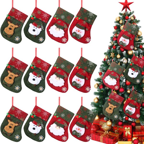 Shappy 12 Pcs Mini Christmas Stockings 7in Small Christmas Stockings Include Snowman Polar Bear Santa Claus and Reindeer, Candy Stockings for Xmas Tree Fireplace Party Favors Gift(Green Red,Snowflake)