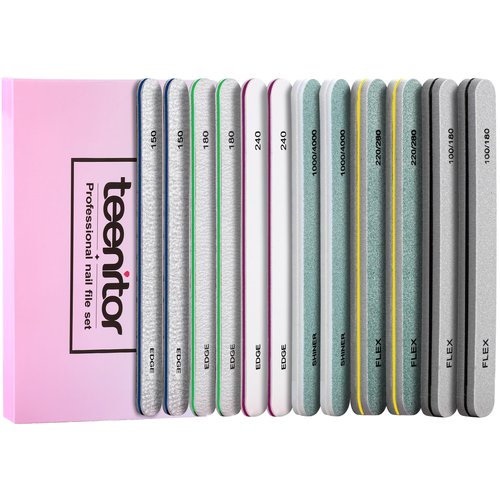 Teenitor Nail Buffer and Shine Kit, 12pcs Nail Files 100/180 Emery Boards for Natural Nails, Finger Nail File and Buffer Set for Nails, Nail Filer 240 Grit Nail File Buffing Block for Women
